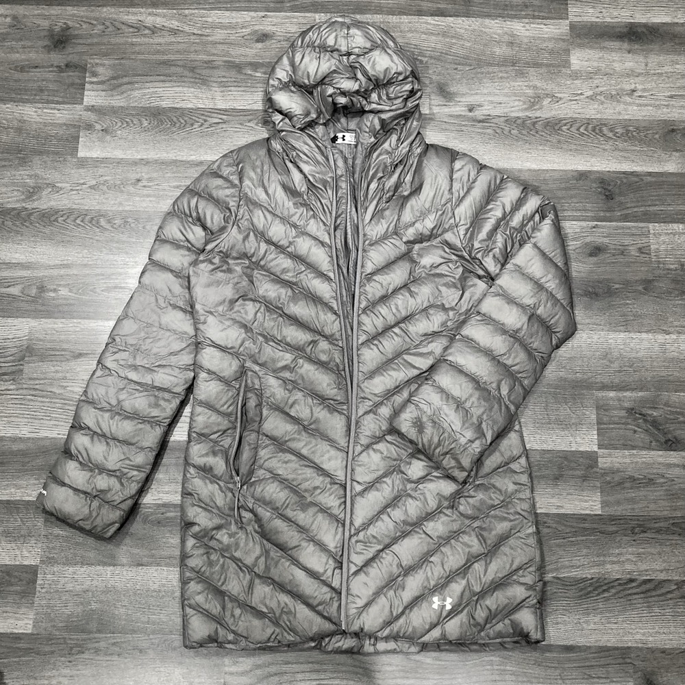 Under Armour Womens Silver Hooded Puffer Parka Jacket Chevron Quilted Large